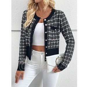 Black Plaid Button Up Cardigan Knit Long Sleeve Chest Pockets